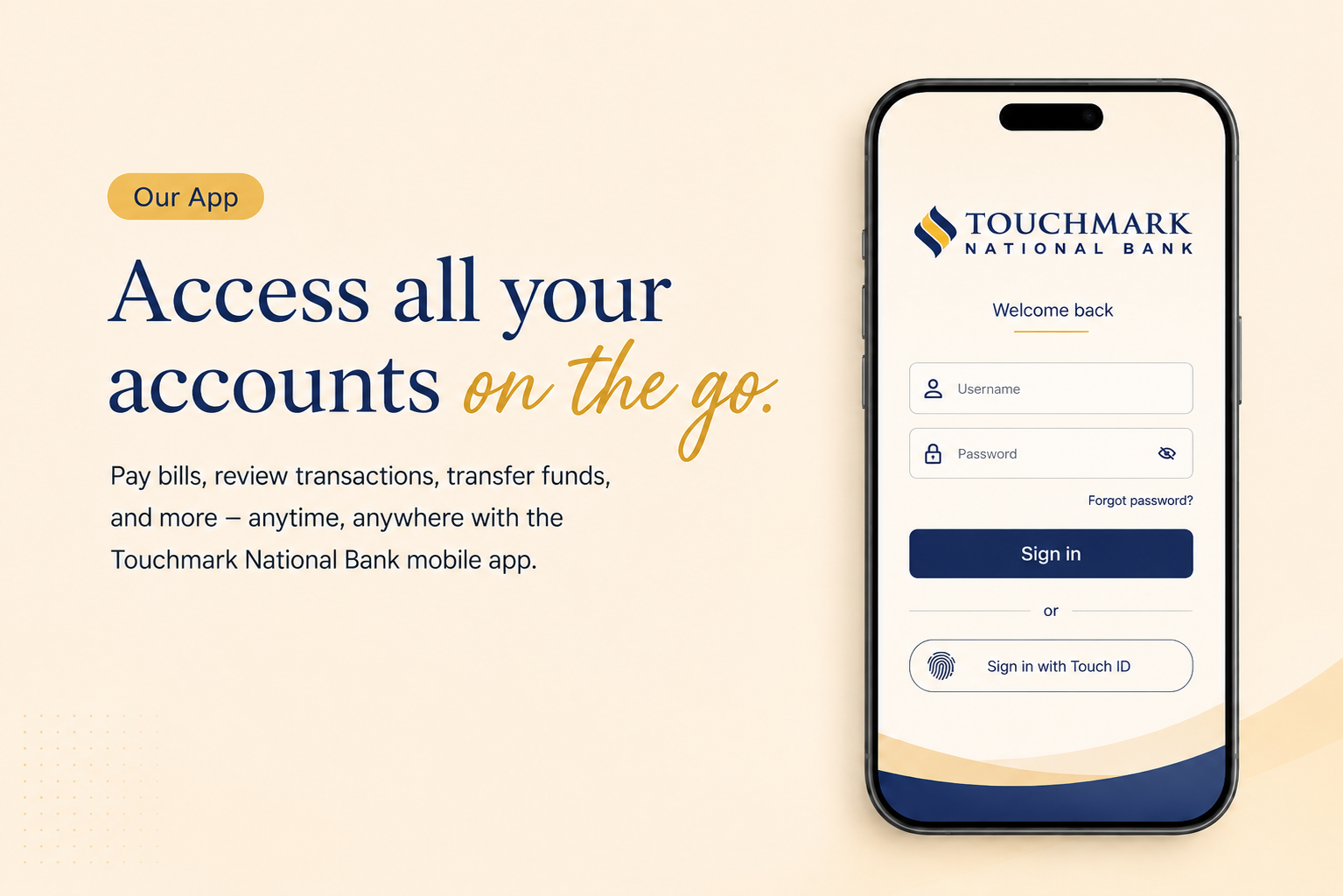 Touchmark National Bank mobile app available for Apple and Android devices